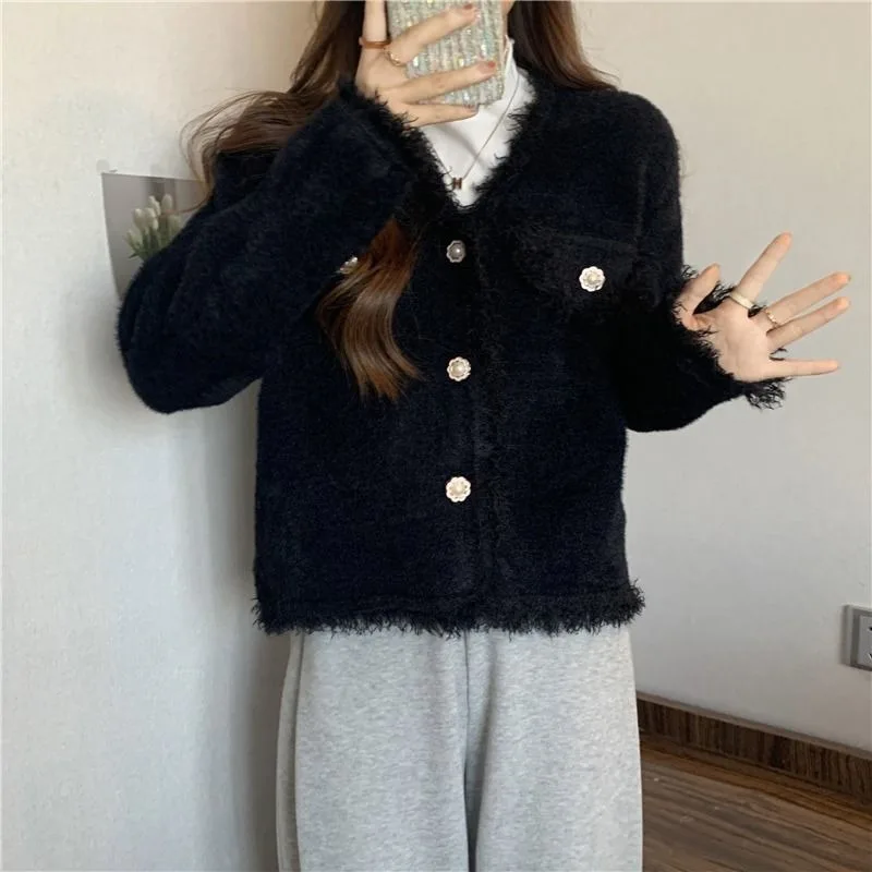 Cardigan Female Fashion Versatile Double sided Plush Coat Korean Long Sleeve V Neck Loose Coat Light Luxury Cardigan Coat Female