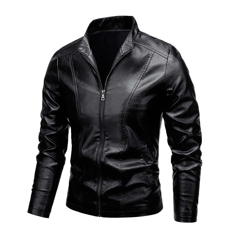 

Autumn Winter Men's Stand-up Collar Imitation Leather Slim Loose Velvet Thickened Casual Locomotive Jacket