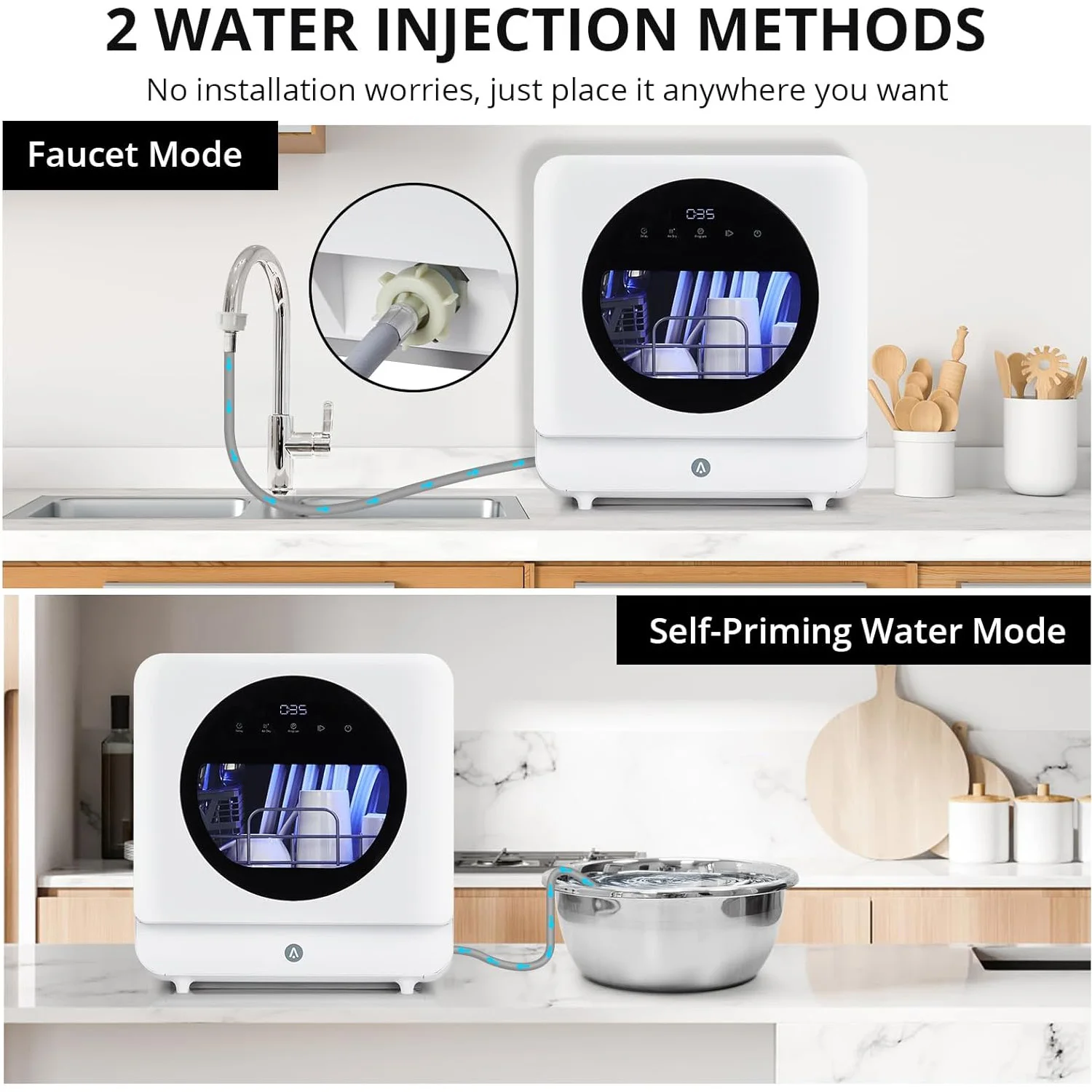 غسالة أطباق على سطح الطاولة 6 برامج غسيل منخفضة الضوضاء 2 طرق مدخل المياه قوية لتجفيف الهواء الساخن غسالة أطباق محمولة للمنزل