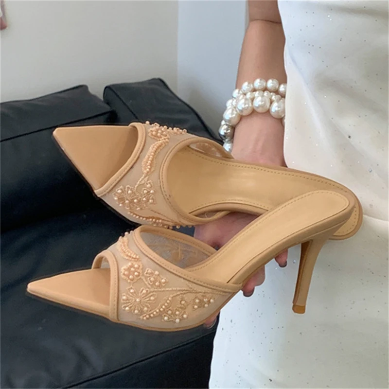 

Aneikeh Summer Retro Elegance Embroidered Mesh High Heels Pointed Toe Women Slippers Mules Party Dress Slide Lady Pumps Shoes