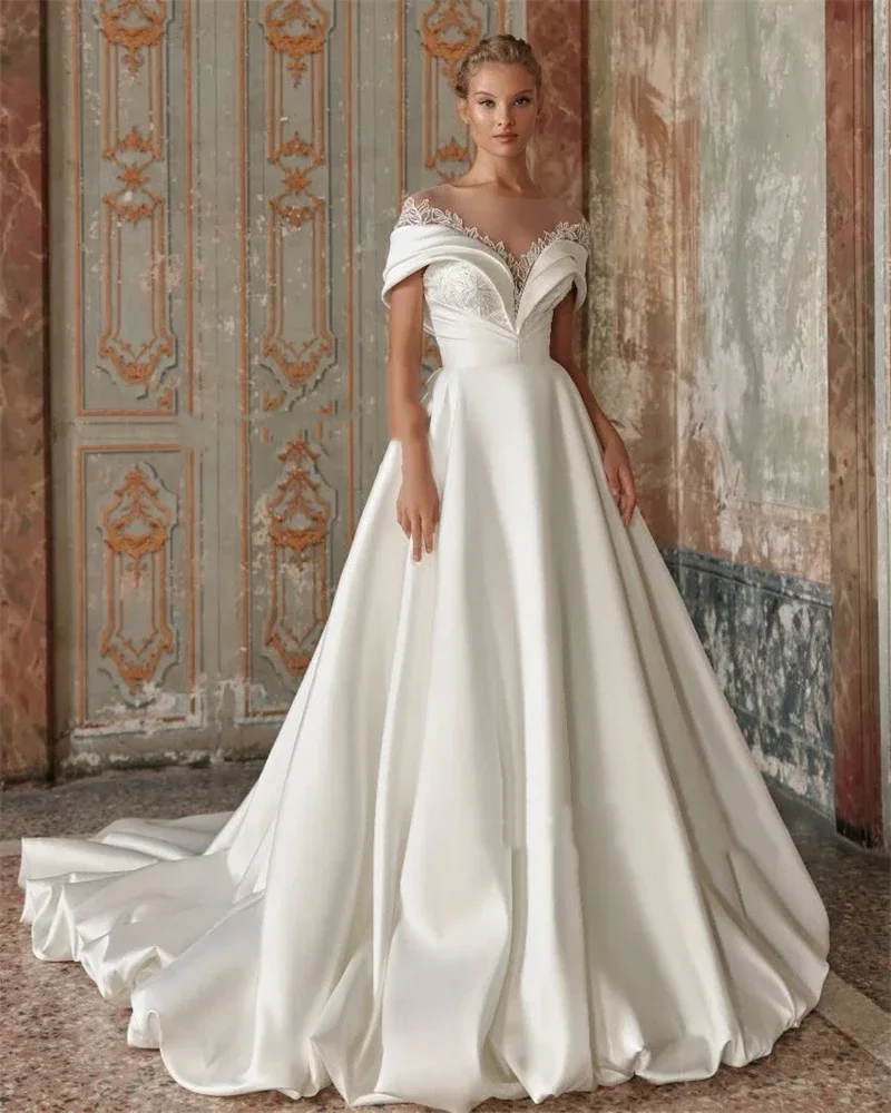 

Flavinke Customized Elegant Exquisite A Line Wedding Dresses Bride Gowns Lace Off the Shoulder Soft Satin Vestidos De Novia 2025