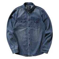 Retro heavy striped denim shirt cotton washed long sleeve casual men's coat tooling shirt