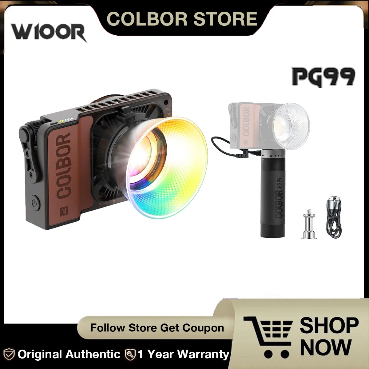 COLBOR W100 Wonder W100R RGB LED Video Light Portable Pocket Monolight with PG99 Power Grip Kit for Outdoor Shooting