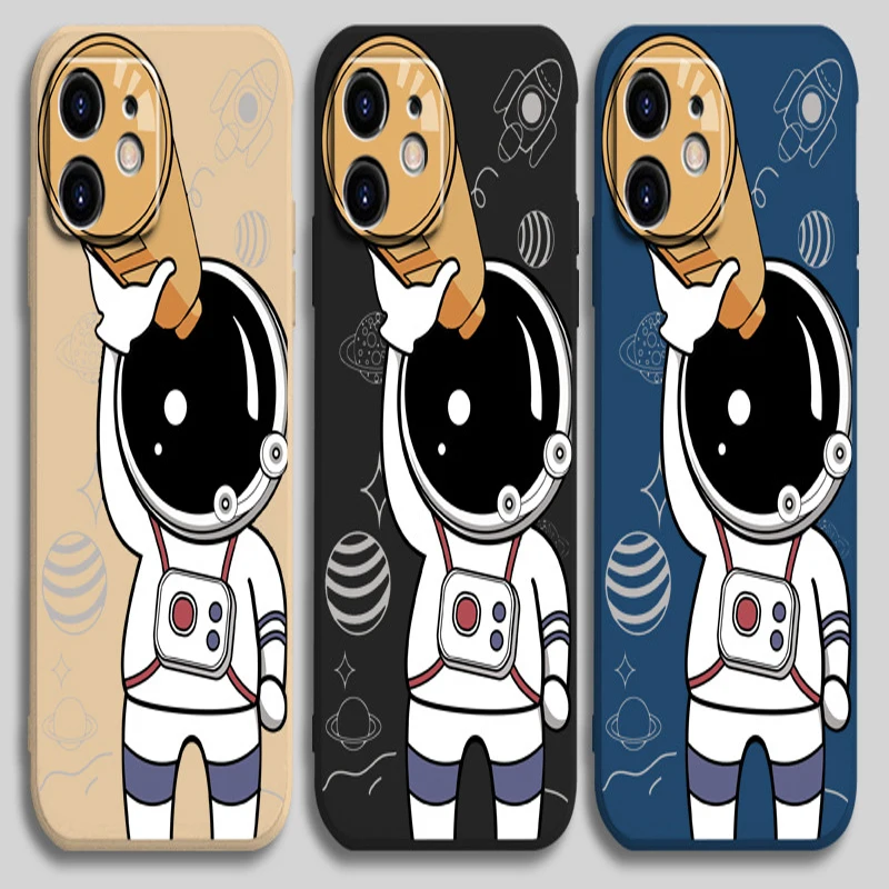 

100pcs Cute Astronaut Hand Lanyard Phone Case For iPhone 13 12 11 Pro Max XS Max XR X 8 7 Plus Liquid Silicon Bumper Back Cover