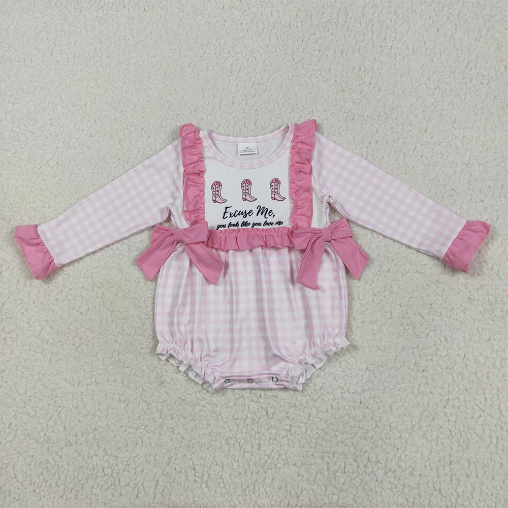 

Baby Girls Pink Plaid Romper with Bow Long Sleeve Boots Outfit Infant Clothing Set for Girls