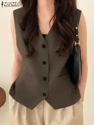 Elegant Office V Neck Suit Vests ZANZEA Women Tank Waistcoat Fashion Sleeveless Blazer Outwear 2024 Summer Khaki Tanks Oversized