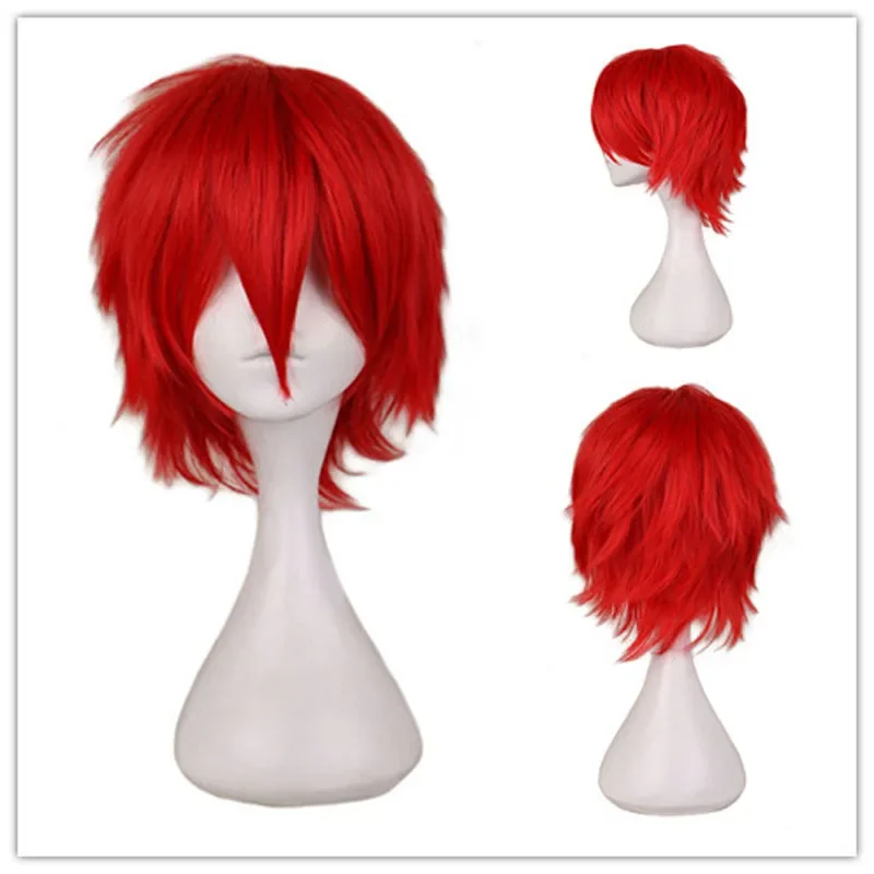 Qqxcaiw peruca masculina preto branco roxo loiro vermelho cabelo curto cosplay anime traje halloween perucas de cabelo sintético com franja para homem