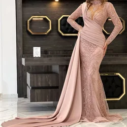 Elegant Prom Dresses Long Sleeves V Neck Shiny Sequins Satin Lace 3D Appliques Embroidery Evening Dress Custom Made Gown