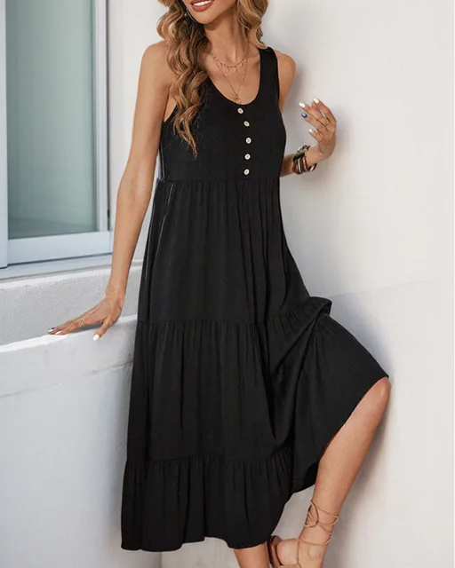 

Women's Lazy Casual Dress 2025 Spring Summer Latest Strap Skirt Button Pocket Sleeveless Solid Color Maxi Dress Long Skirt