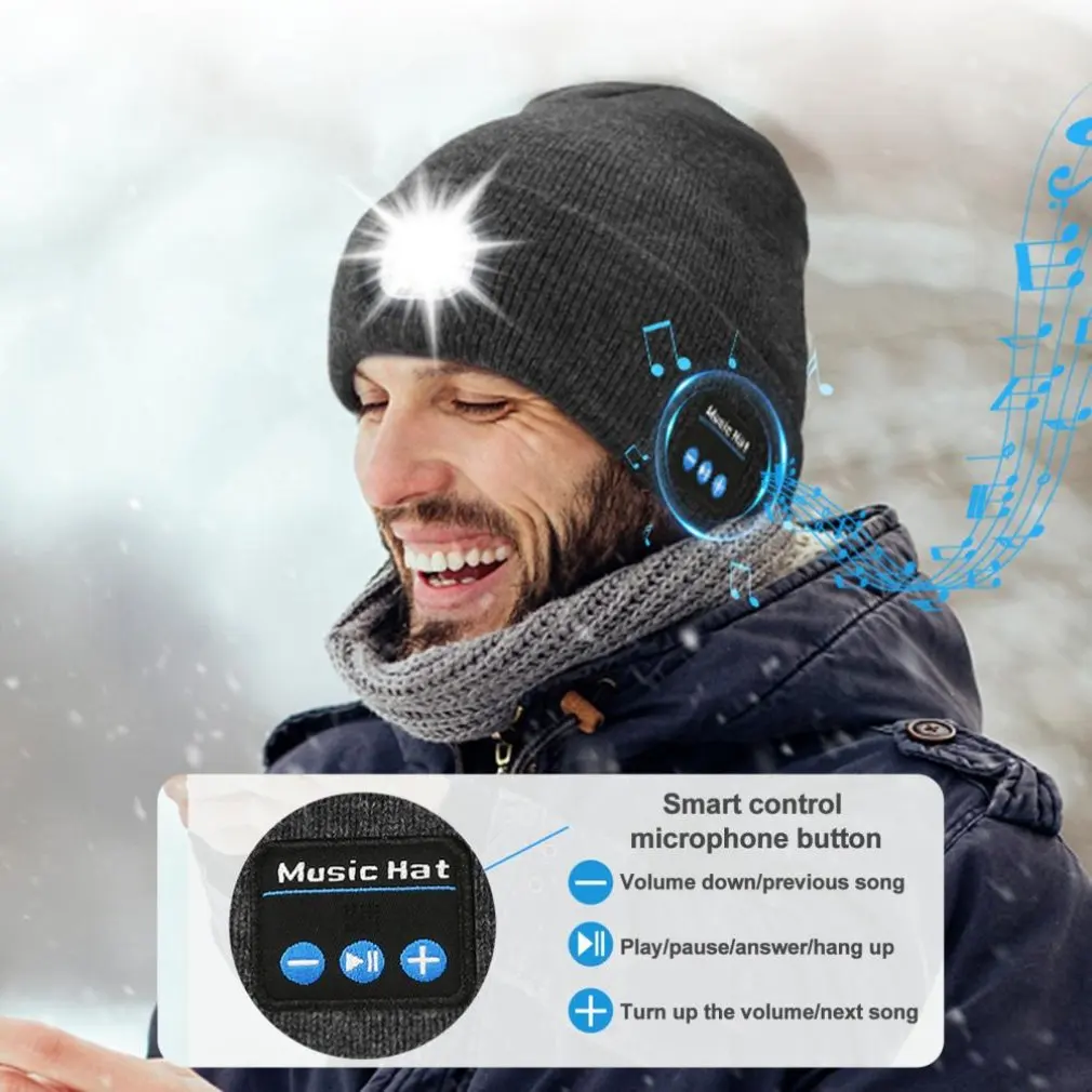 Unisex Bluetooth Beanie Hat with Light Upgraded Musical Knitted Cap with Headphone and Built-in Stereo Speakers & Mic Headlamp