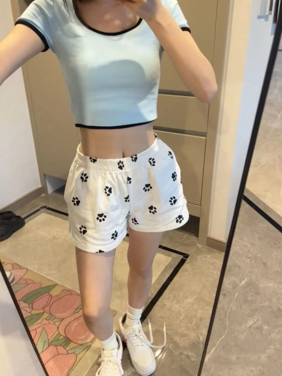 Cute Dog Paw Print Short Pants Women's Summer Outdoor High Waist Wide Leg Three Quarter Length Heat Pants Versatile Casual Tr...