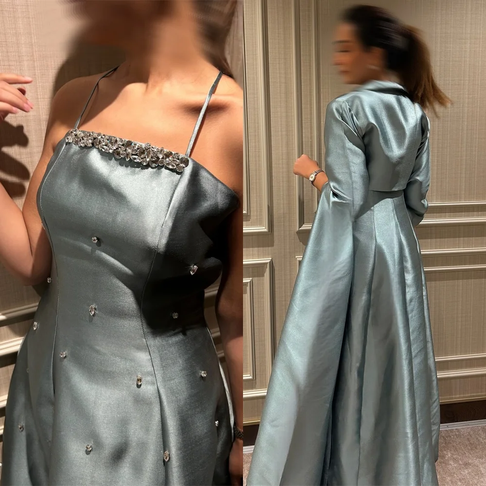 

Customized Delicate Light Blue Satin Evening Dress High Quality Strapless Spaghetti Straps Shawl Long Sleeves Celebrity Gowns
