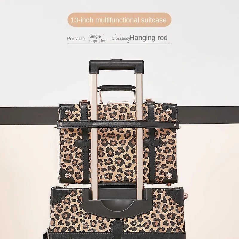 Trendy Retro Luggage Women's Roller Trunk Leopard Print Leather Suitcase 20" Boarding Box Set Waterproof Password Suitcase