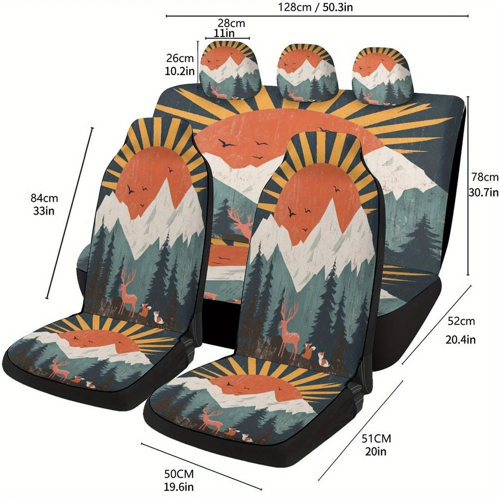 Mountain Sunset Wildlife Themed Car Seat Cover Set For Most Cars, Fashion Personalized Novelty Car Seat Protector Covers Full Se 6