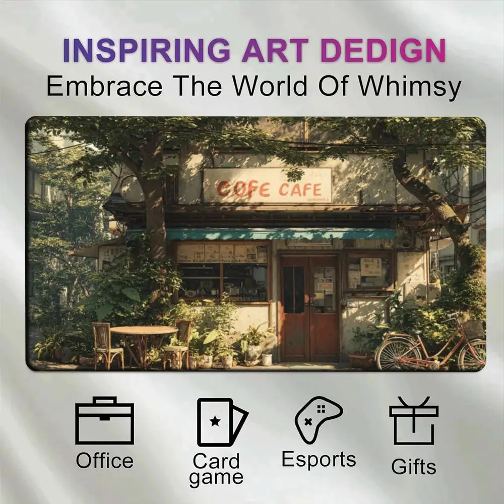 Vintage Cozy Cafe Large Desk Mat Retro Japanese Coffee Shop Plants Bike Non-Slip Gaming Pad for Office Esports Card Game Gift