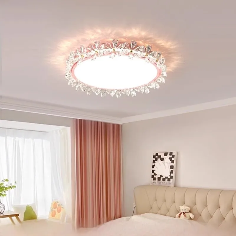 Pink Gold Round Bedroom Ceiling Lights LED Crystal Flower Light Warm Princess Room Children's Room Boy Girl Bedroom Ceiling Lamp
