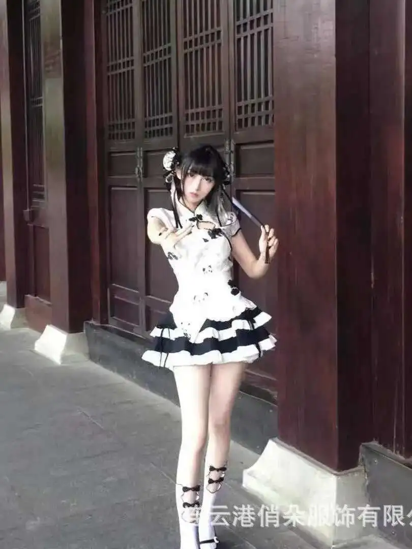 สาวน่ารักใหม่สไตล์จีน PANDA พิมพ์เอวสูงกระชับสัดส่วนพัฟเค้กกระโปรงแม่บ้านชุดผ้ากันเปื้อน Elegant สวย JQSM