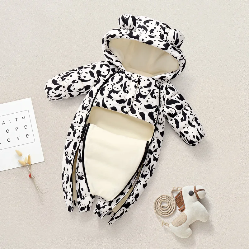 RAISE Autumn Winter Baby Jumpsuit Panda Printed Hooded Velvet Warm Baby Boy Snowsuit Newborn Todder Girl Overalls Infant Rompers