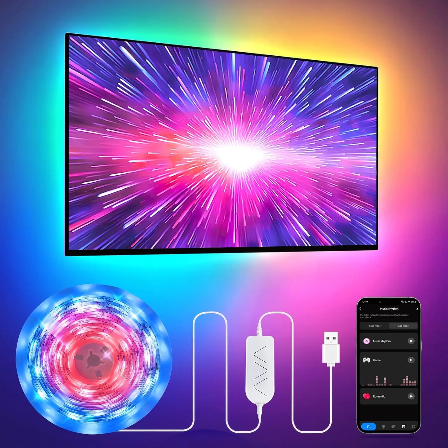 

26.25ft RGB+IC LED Strip Lights for 75-100 Inch TV, Backlight Behind TV with Music Sync, Bluetooth APP & Voice Control