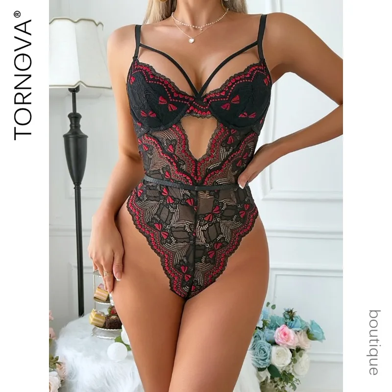 

Tornova Sexy Lingerie Onesie for Women Mesh Patchwork Printing Lace Hollow Out See-through Bow Knot Sexy Backless Sling Jumpsuit