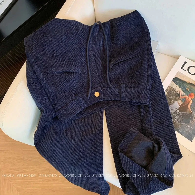 الأزرق الداكن عارضة واسعة الساق السراويل النساء في ربيع الخريف تصميم جديد الرباط عالية الخصر التخسيس مستقيم الطابق السراويل