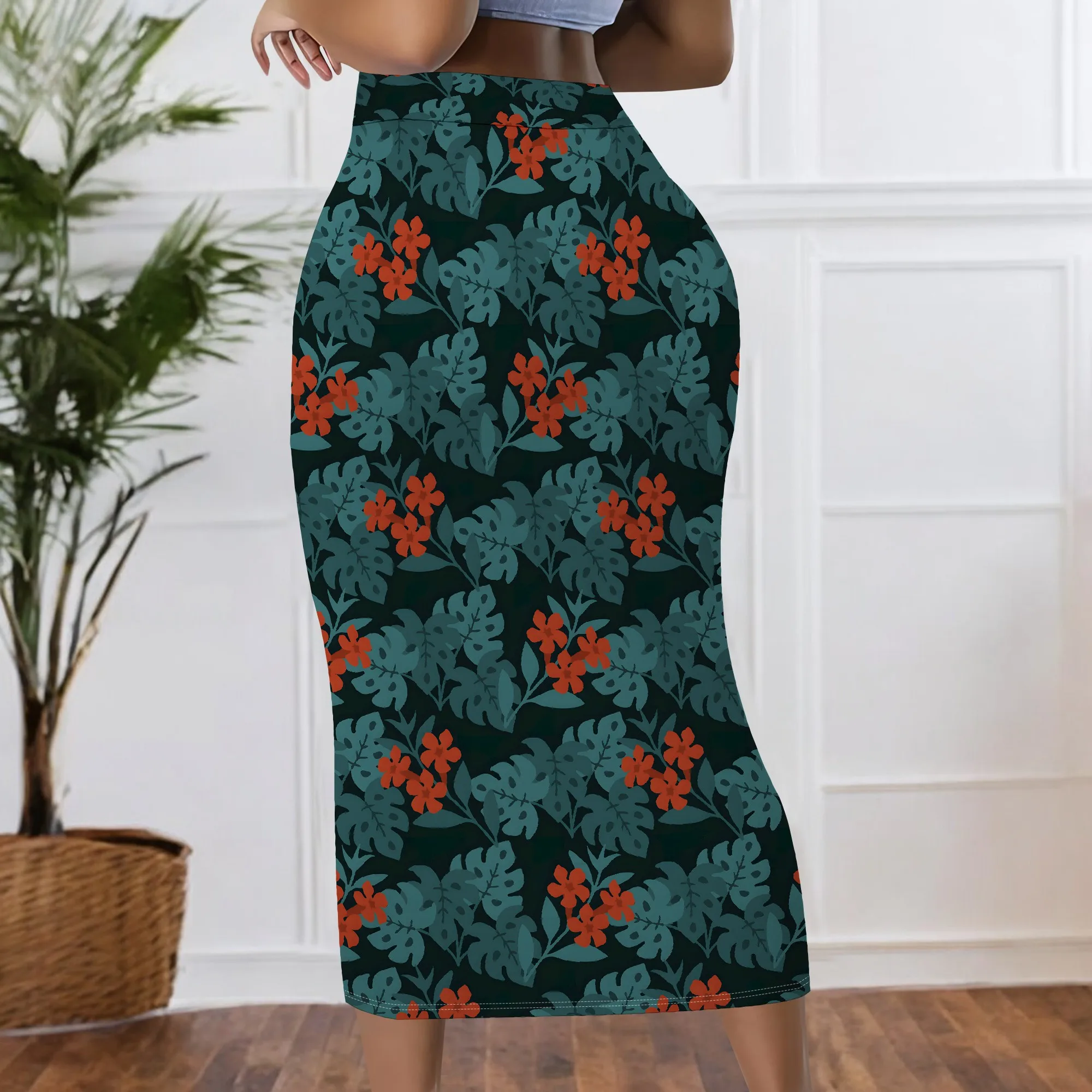Tropischer Blumenmuster-Bleistiftrock, Hochtaillierter Midirock, Figurbetonter Partykleid-Rock, Sommer-Strand-Urlaubsoutfit, S-2XL – Detail 4