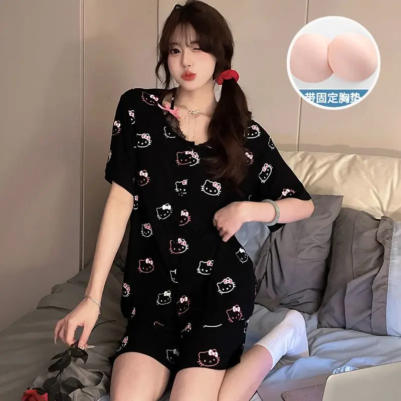 Hello Kitty ฤดูใบไม้ร่วงโพลีเอสเตอร์แขนสั้นกางเกงชุดสองชิ้นชุดนอนสตรีชุดนอนผ้าไหมผู้หญิงสบายๆหลวมเสื้อผ้าชุด