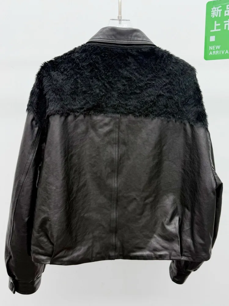 Leisure Ladies Lapel Single-Breasted Genuine Leather Jackets Handmade Loose Long Sleeves Solid Color Sheepskin Outerwear