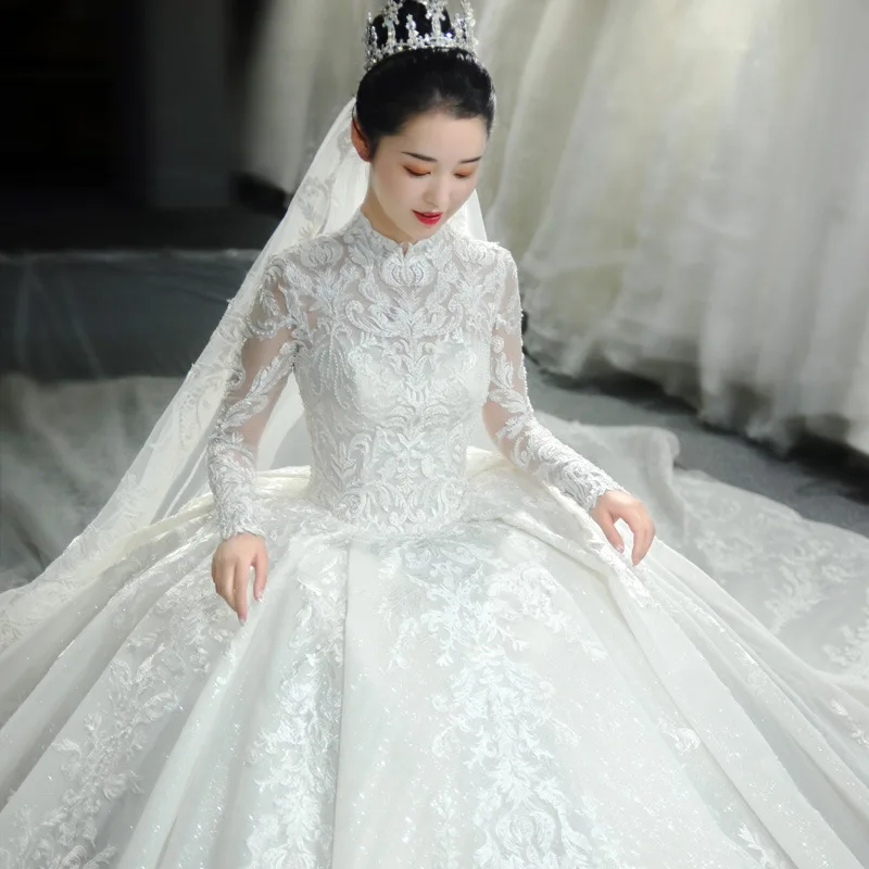 

Long Sleeve French Style Light Main New Wedding Dress Summer Bridal Temperament Dreamy Court Starry Trailing