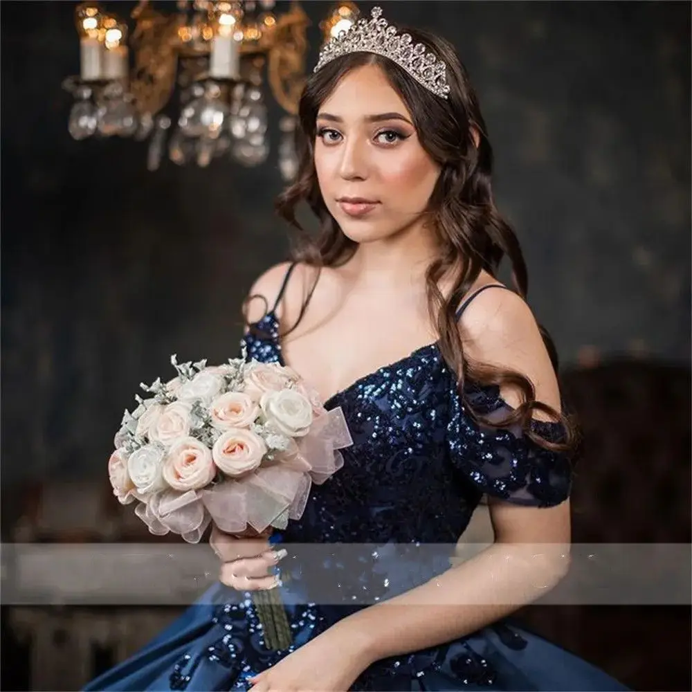 Lorencia Navy Blue Quinceanera Dress Ball Gown Shiny Lace Applique Beading Corset Sweet 16 15 Birthday Party Gowns Robe YQD342