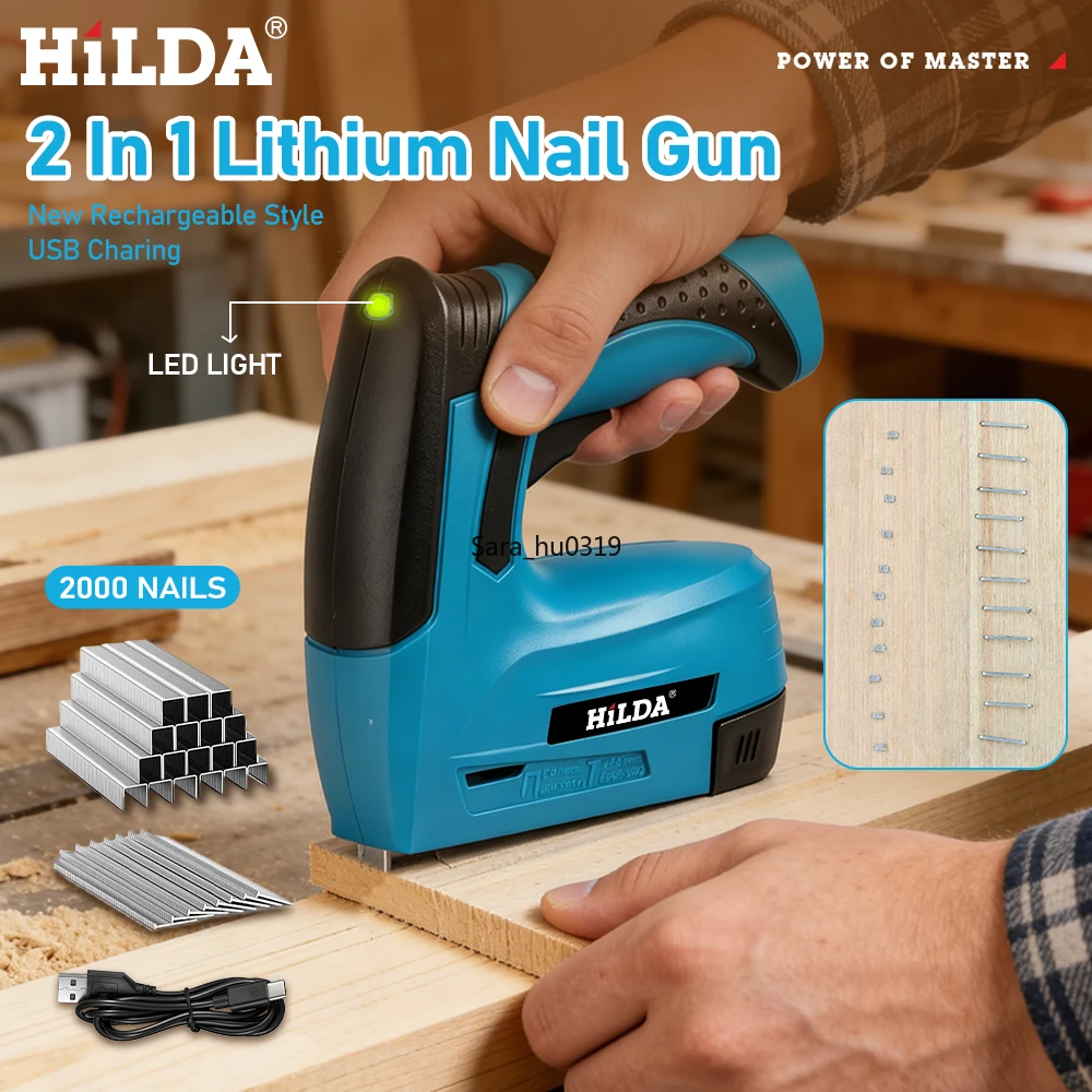 

Электрический гвоздезабиватель HILDA, портативный пневматический гвоздезабиватель для мебели, инструменты для домашнего использования, пневматический гвоздезабиватель 2-в-1 с 2000 скобами и LED-подсветкой