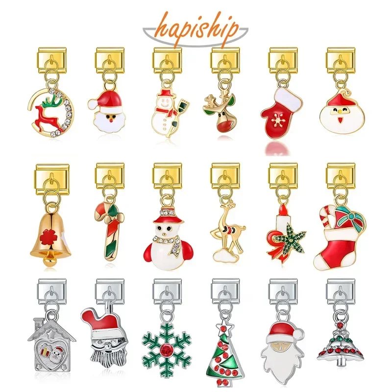 Hapiship Christmas Tree Snowman Deer Santa Claus Italian Links Charm Fit 9mm Bracelet Stainless Steel Jewelry DIY Making DJ473