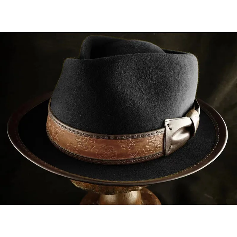 Classic Hot sale leather hemmed wool hat Fashion pure wool top hat fedora wool sombrero hombre bones masculinos