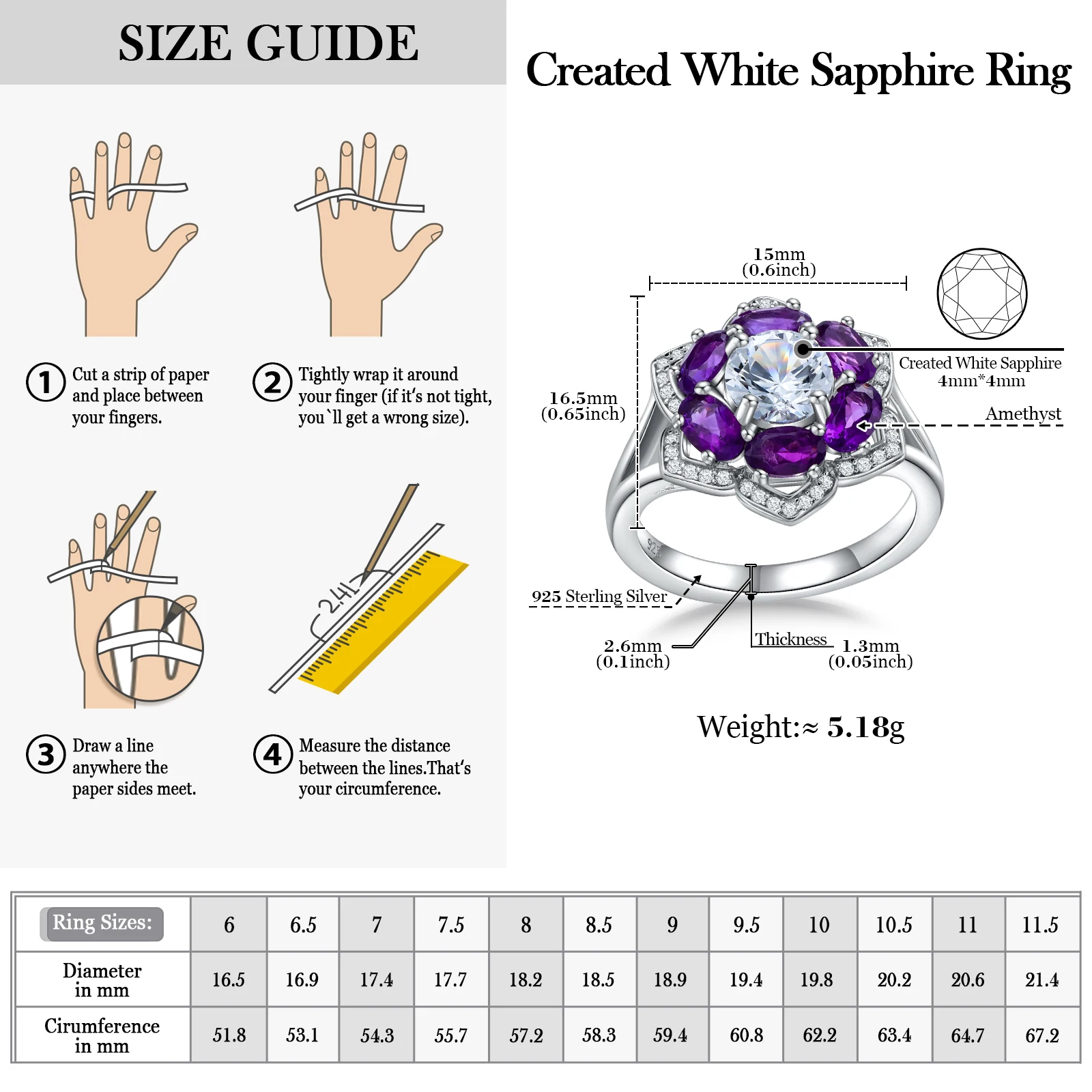 Imagem -05 - Zongfa-anéis Ametistas Naturais para Mulheres Anéis Florais Joalheria Fina Prata Esterlina 925 Safira Branca Created 1.1ct gz