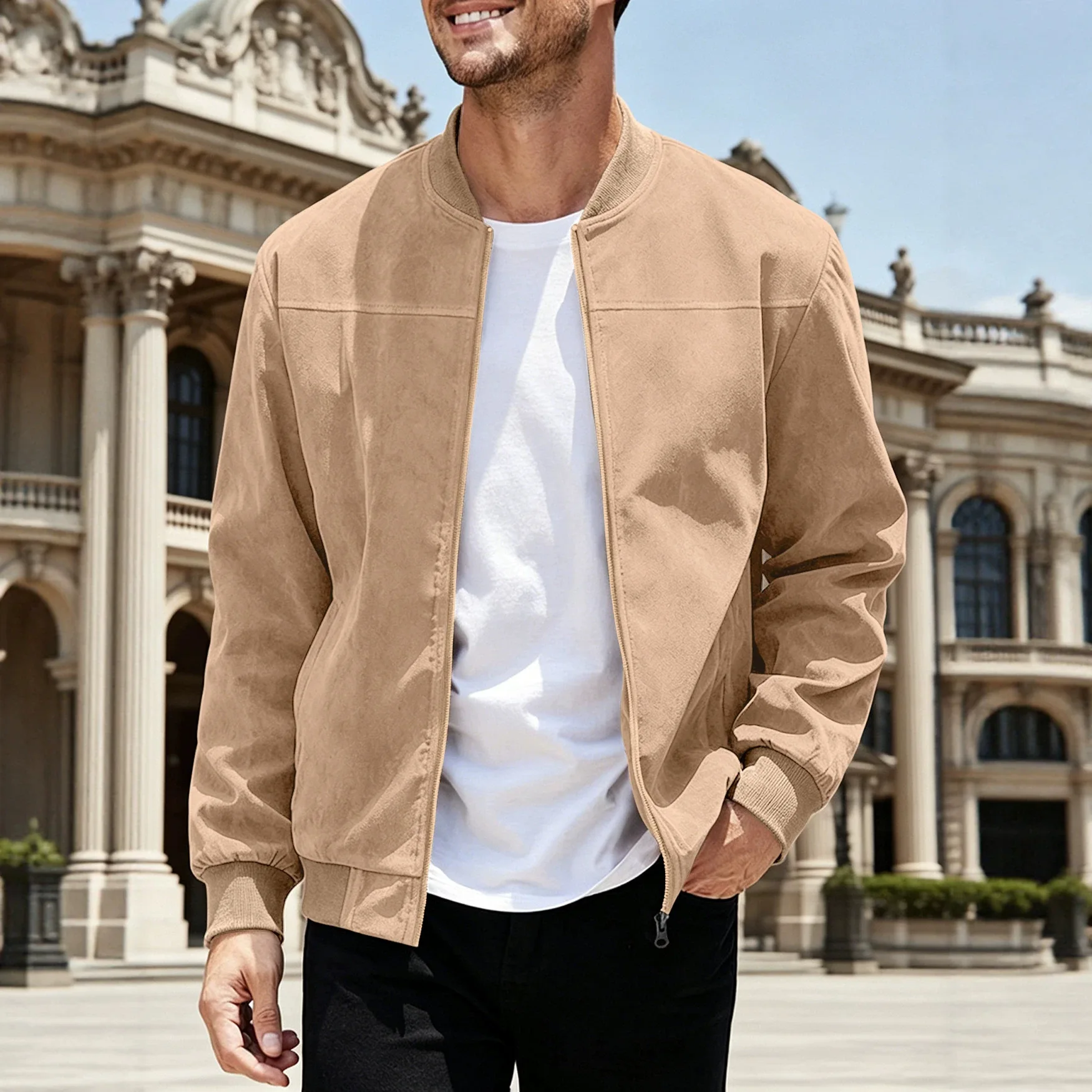Men's Suede Solid Color Casual Sports Stand-up Collar Zipper Jacket Large Size Medium Elastic Long-sleeved Jacket Cardigan