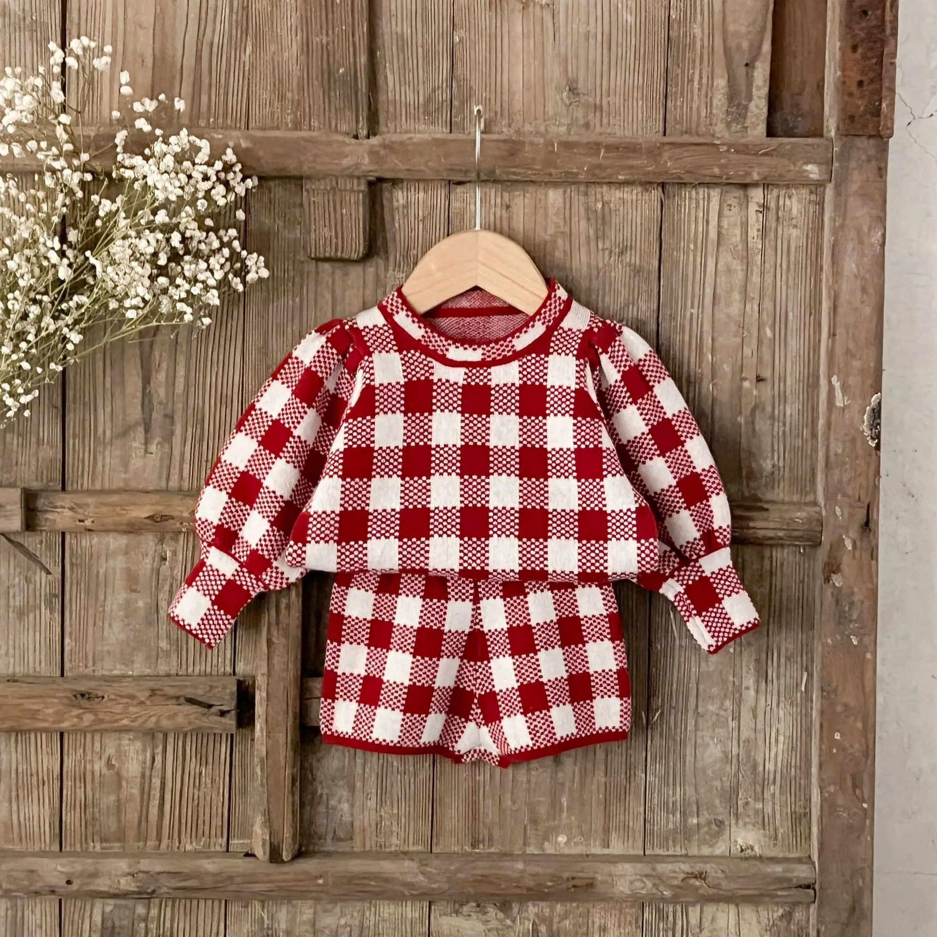 

Baby Girl Gingham Set, 2-Piece Cotton Knit Sweater & Shorts, Korean Style Newborn Clothes