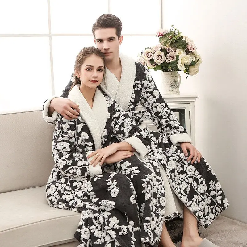 Men Luxury Jacquard Robes Winter Velevt Flannel Bathrobes Lovers Couple Wedding Warm Sleepwear Homewear Casual Elegant Robes