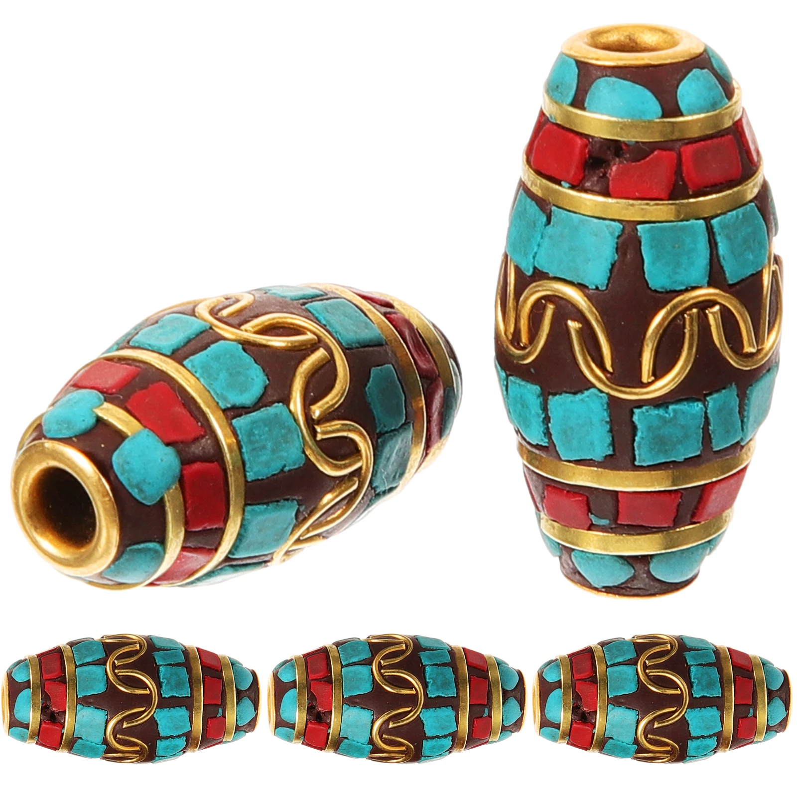 

5pcs Inlaid Turquoise Beads Handmade Copper DIY Retro Tibetan Style Jewelry Making Bracelet Necklace Charms Crafting