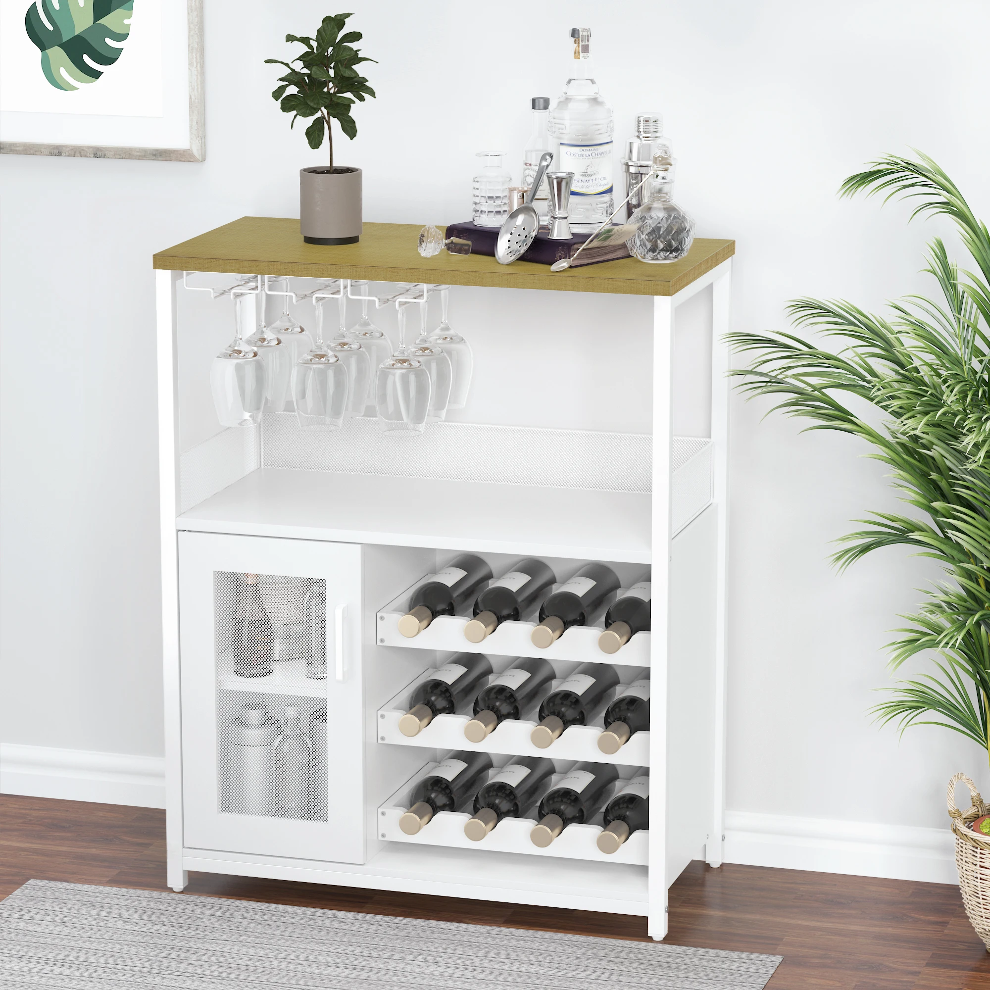 

Rustic Wine Bar Cabinet 36" Wide - Convertible Wine Rack System & Hidden Storage Drawer | Iron Mesh Door & Stemware Hangers