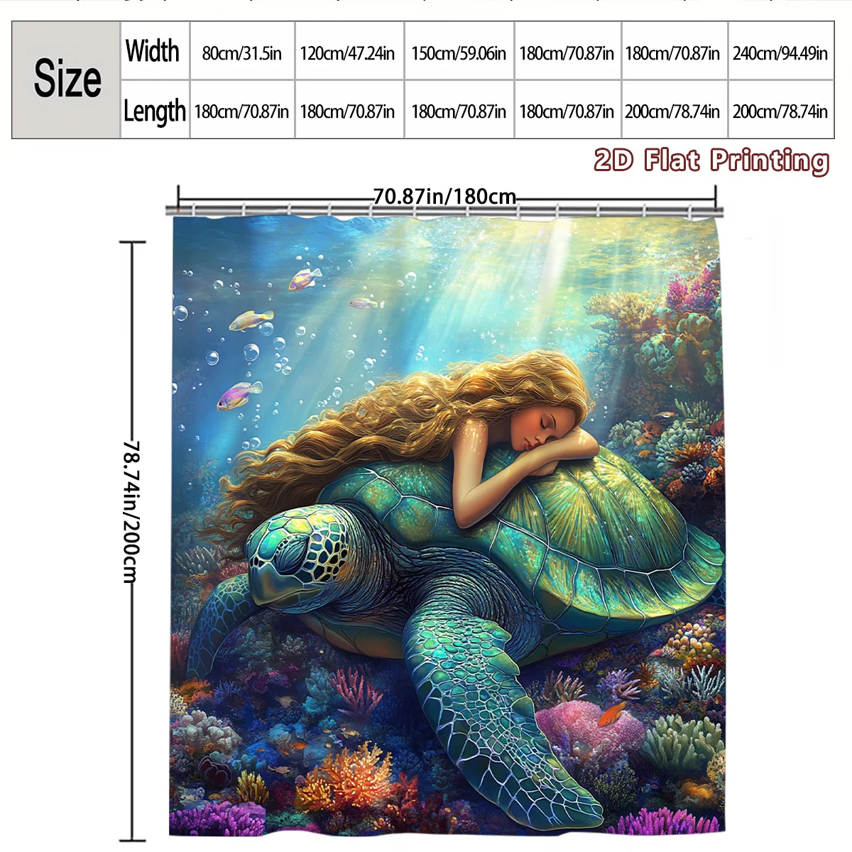 Fantasy Mermaid Girl on Giant Sea Turtle Underwater Tropical Ocean Scene Shower Curtain Waterproof Bathroom Decor