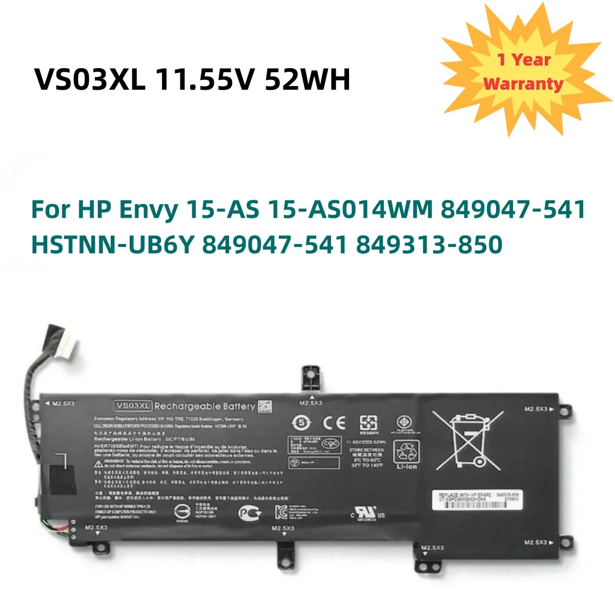 NEW VS03XL Laptop Battery for HP Envy 15-AS 15-AS014WM 849047-541 HSTNN-UB6Y 849047-541 849313-850 Tablet 11.55V 52WH