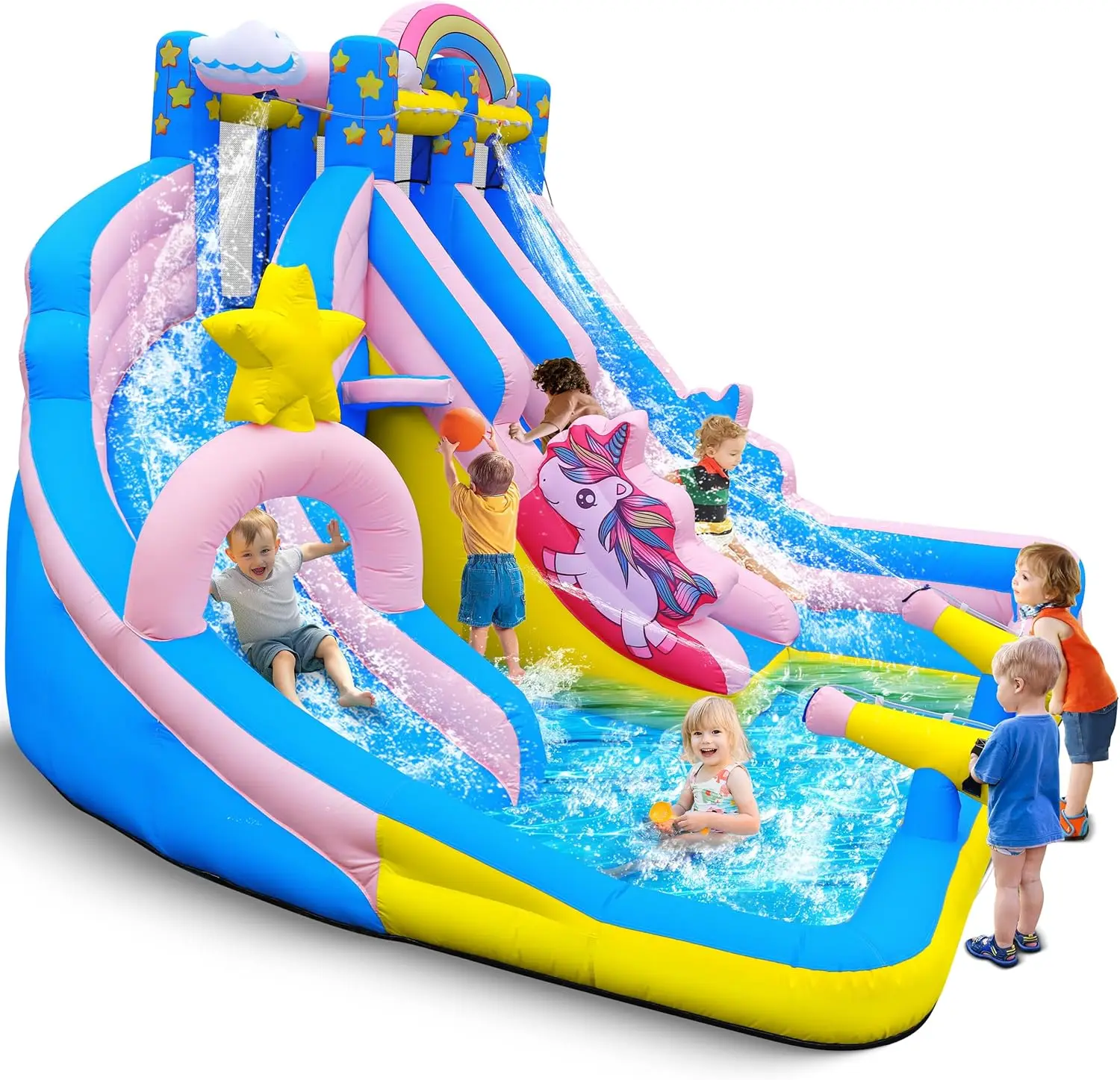 

Inflatable Water Slide: 6 in 1 Bounce House Water Park for Kids - Climbing Wall Splash Pool 2 Water Cannon