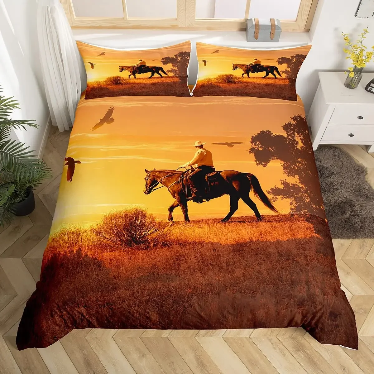 Conjunto de capa de edredão de cowboy ocidental, vintage equitação touro de madeira sinal antigo deserto no pôr do sol imagem estilo retro conjunto cama king size