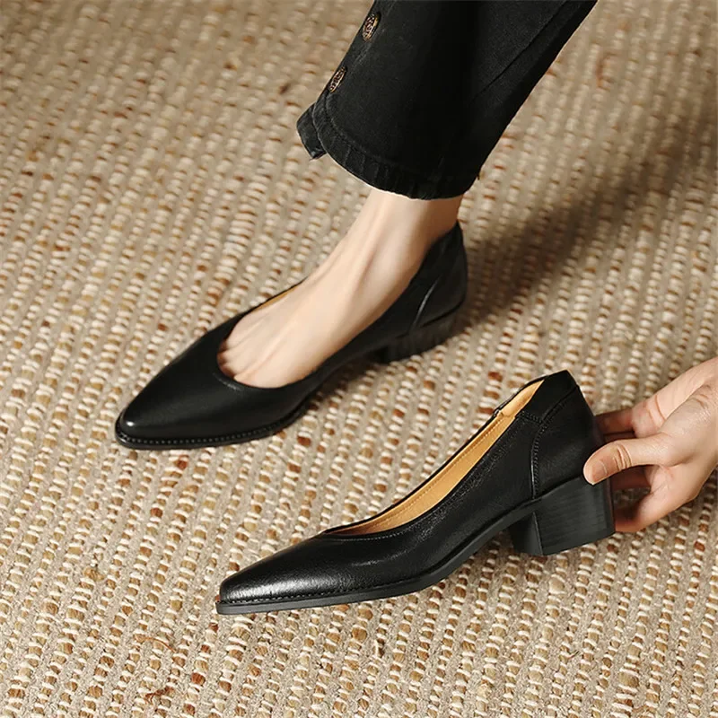 2024 Spring/Autumn Pointed Toe Women Pumps Chunky Heels Genuine Leather Loafers Shoes For Women Ladies Shoes Zapatos De Mujer