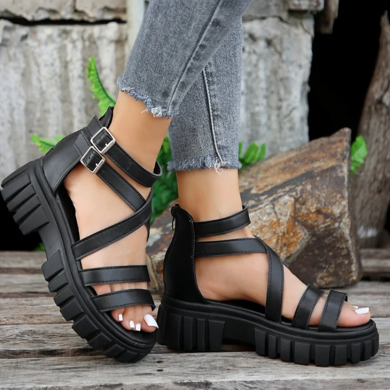 Fashion Chunky High Heels Roman Sandals for Women 2024 Summer Ankle Strap Plarform Sandals Woman Strap Thick Heeled Party Shoes