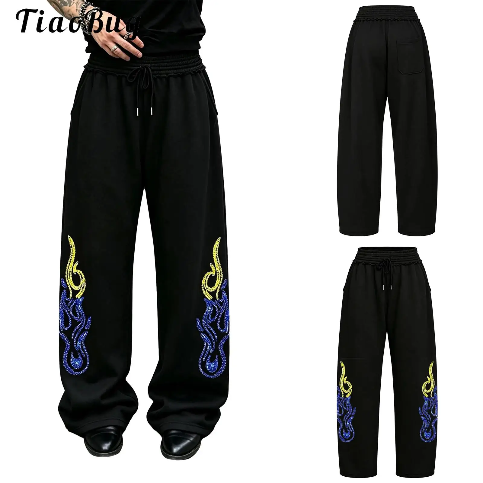 Men Shiny Rhinestone Drawstring Sweatpants Elastic Waist Trousers with Pockets for Hip-hop Jazz Dance Sports
