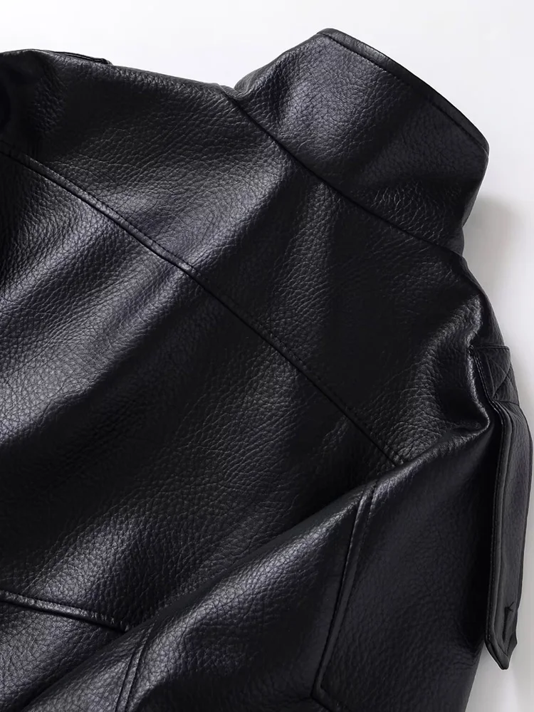 Women's Fashion Faux Leather Oversized Jacket Long Sleeve Front Zipper Chic Outerwear Female Tops