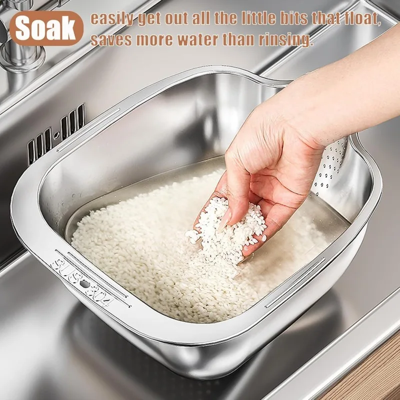 Rice Washer Strainer Bowl Stainless Steel 304 Washing Bowl with Side Drainers  for Cleaning Rinsing Fruits, Vegetables And Beans