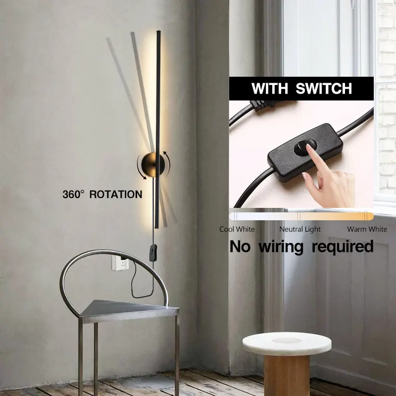 Nordic Black LED Wall Lighting Fixtures with Plug Switch for Corridor Aisle Indoor LED Wall Lamps Sconce Decor for Bedroom Foyer