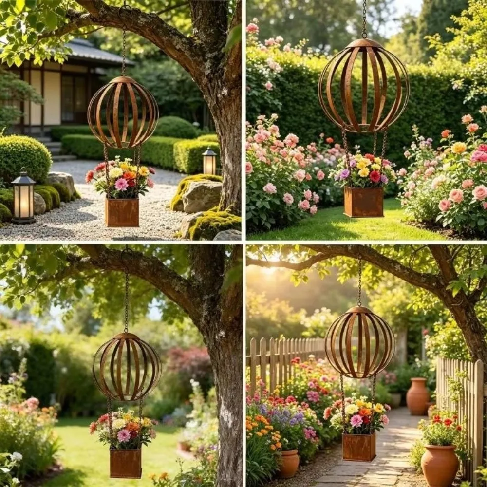 Unique Iron Hot Air Balloon Planter Retro Decoration Flower Pot Creative Hanging Planter Porch